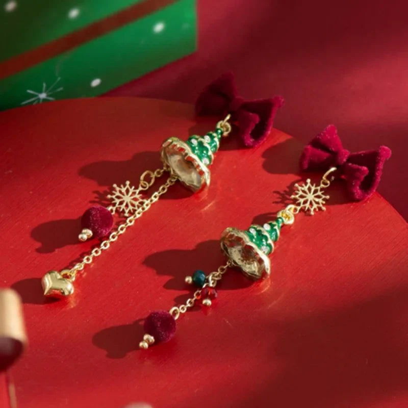 Lunarelle Vintage Orecchini Albero di Natale – Verde & Oro, Leggeri e Festosi con Elegante Fiocco