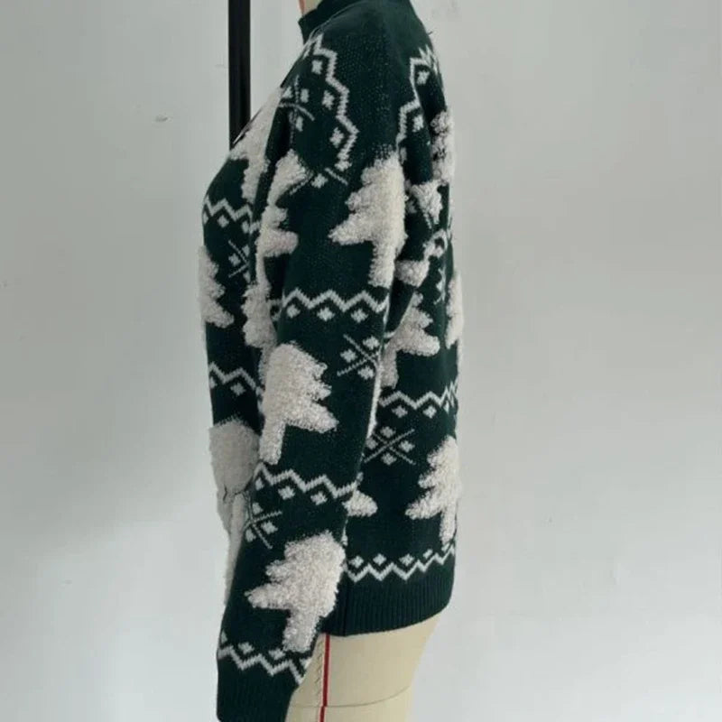 Vrouwen gebreide trui met 3D kerstmanprint, warme lange mouwen 5