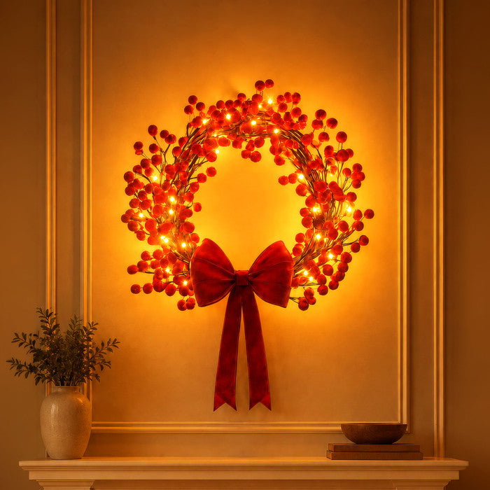 Lighted Holly Berry Wreath – Red Berries with Warm Fairy Lights for Door or Wall Tevako