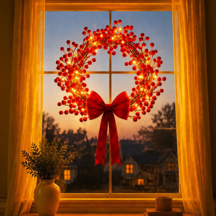 Lighted Holly Berry Wreath – Red Berries with Warm Fairy Lights for Door or Wall Tevako
