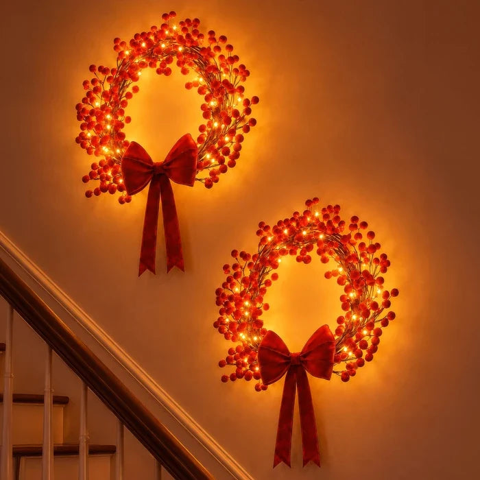 Lighted Holly Berry Wreath – Red Berries with Warm Fairy Lights for Door or Wall Tevako