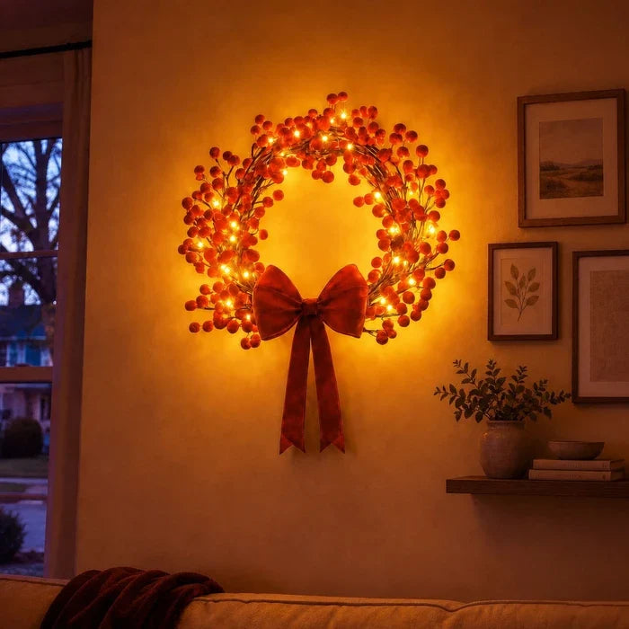 Lighted Holly Berry Wreath – Red Berries with Warm Fairy Lights for Door or Wall Tevako