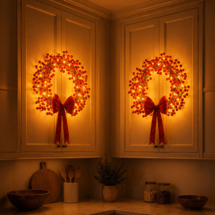 Lighted Holly Berry Wreath – Red Berries with Warm Fairy Lights for Door or Wall Tevako