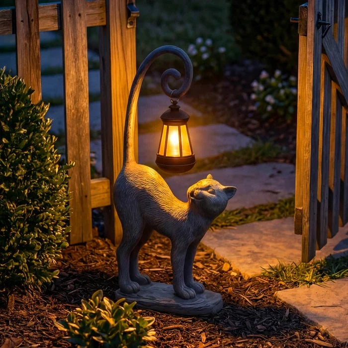 Cat Garden Statue With Solar Lantern – Outdoor Cat Figure That Glows at Night Tevako