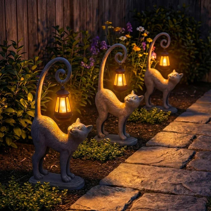 Cat Garden Statue With Solar Lantern – Outdoor Cat Figure That Glows at Night Tevako