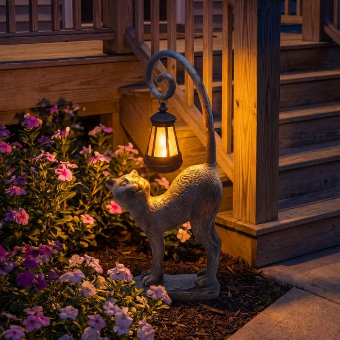 Cat Garden Statue With Solar Lantern – Outdoor Cat Figure That Glows at Night Tevako
