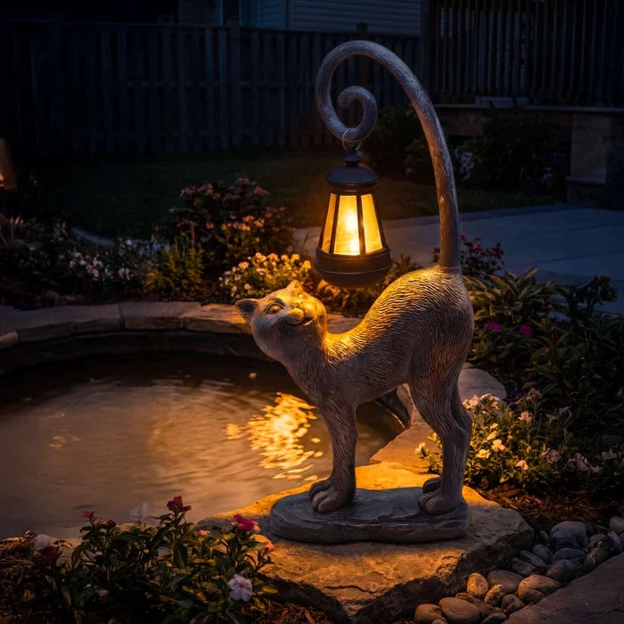 Cat Garden Statue With Solar Lantern – Outdoor Cat Figure That Glows at Night Tevako