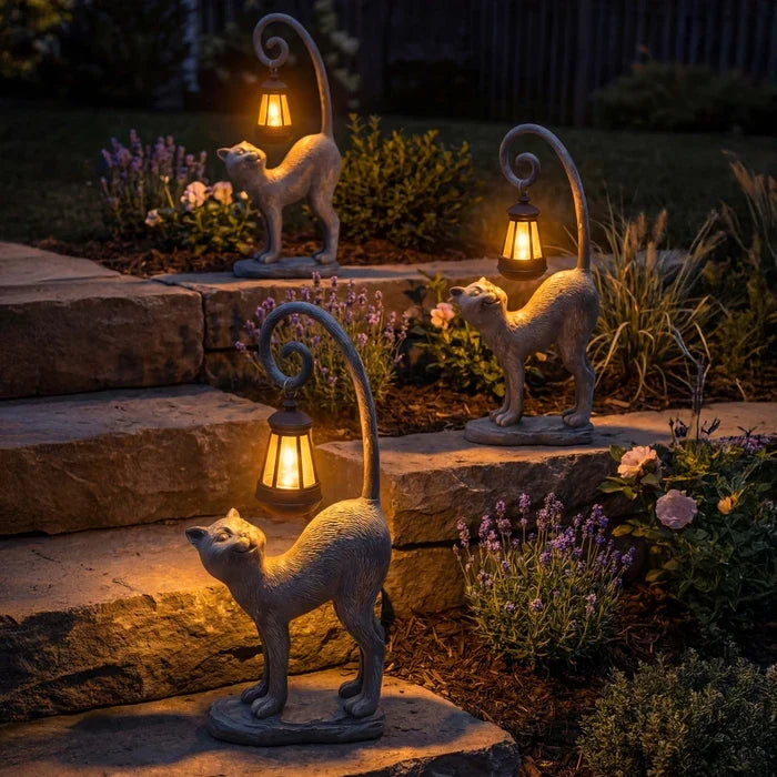 Cat Garden Statue With Solar Lantern – Outdoor Cat Figure That Glows at Night Tevako