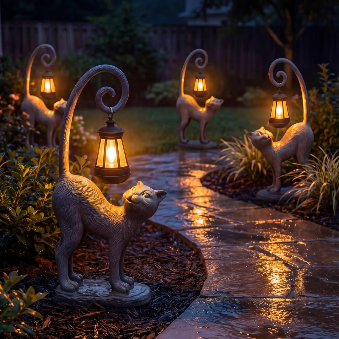 Cat Garden Statue With Solar Lantern – Outdoor Cat Figure That Glows at Night Tevako