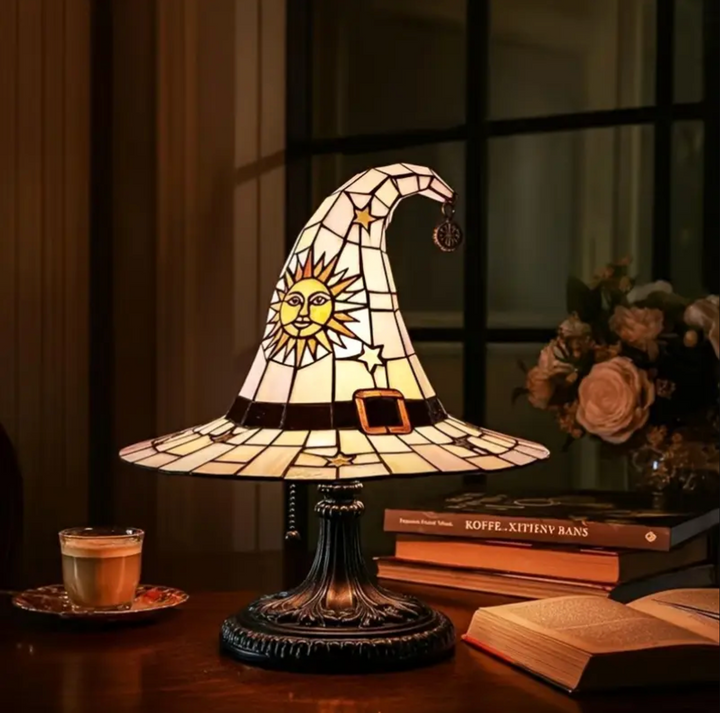 Witch Hat Accent Lamp Tiffany Style Decorative Table Lamp With Star and Sun Design 5