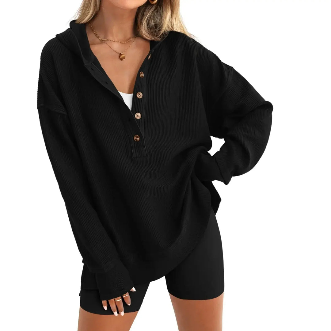 🎁Women’s Oversized V-Neck Hoodie – Relaxed Button Pullover with Side Slits 8