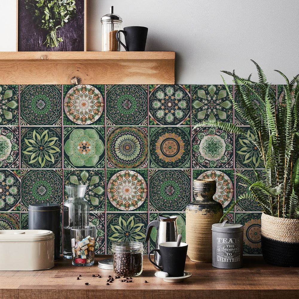 Zelfklevende Portugese tegelstickers met kleurrijk mandala patroon voor keuken en badkamer wanddecoratie set van 24 stuks | Sansoti 0