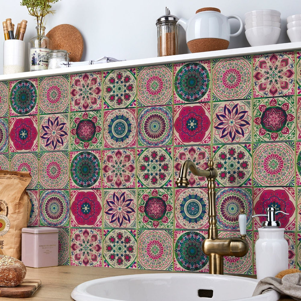 Zelfklevende Portugese tegelstickers met kleurrijk mandala patroon voor keuken en badkamer wanddecoratie set van 24 stuks | Sansoti 1