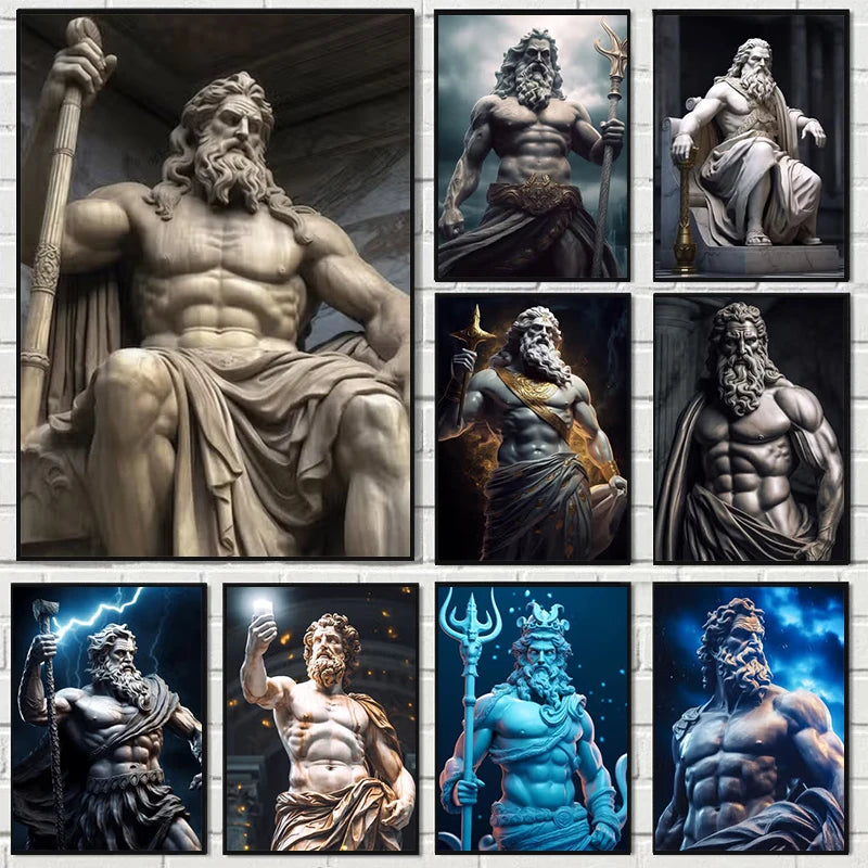 Zeus sculptuur poster zwart-wit op canvas met Griekse mythologie abstract design 0