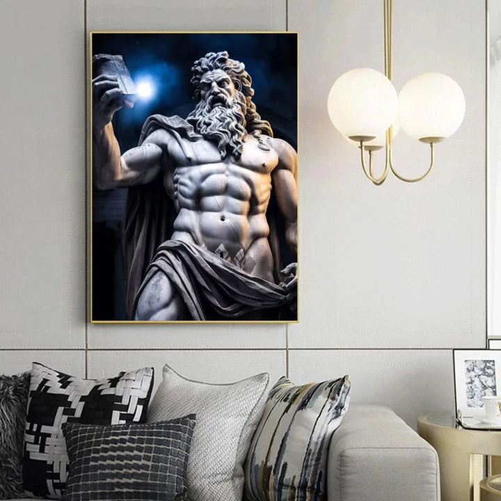 Zeus sculptuur poster zwart-wit op canvas met Griekse mythologie abstract design 1