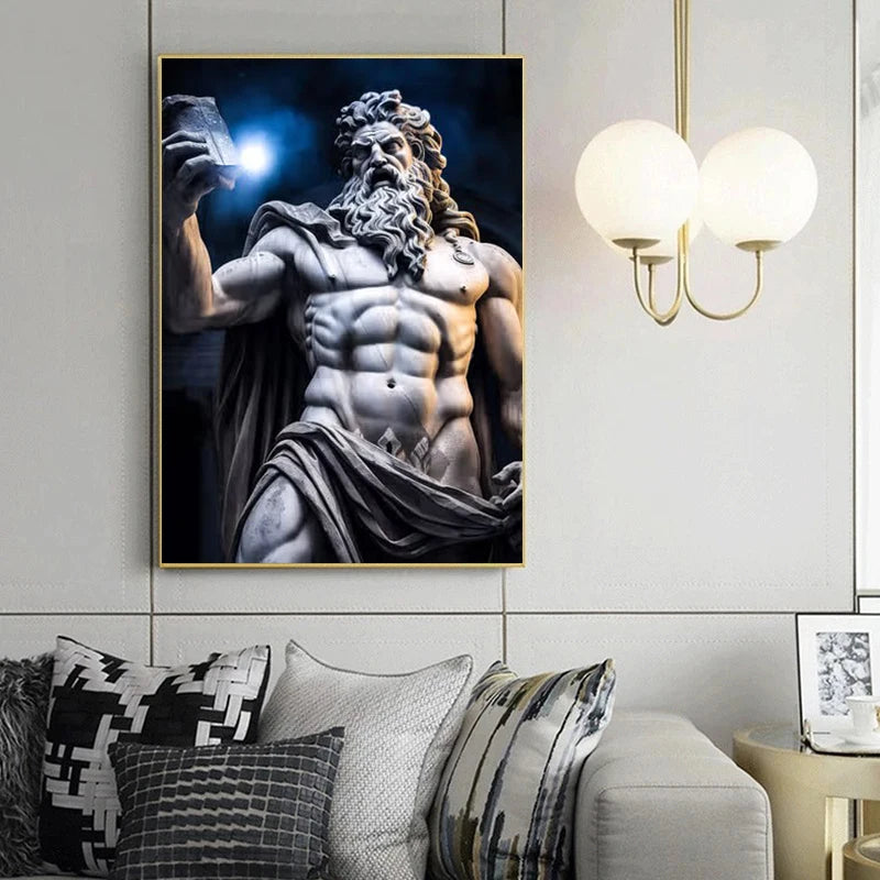 Zeus sculptuur poster zwart-wit op canvas met Griekse mythologie abstract design 1