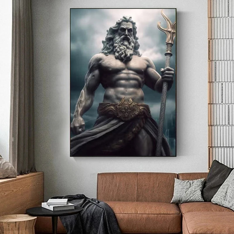 Zeus sculptuur poster zwart-wit op canvas met Griekse mythologie abstract design 2