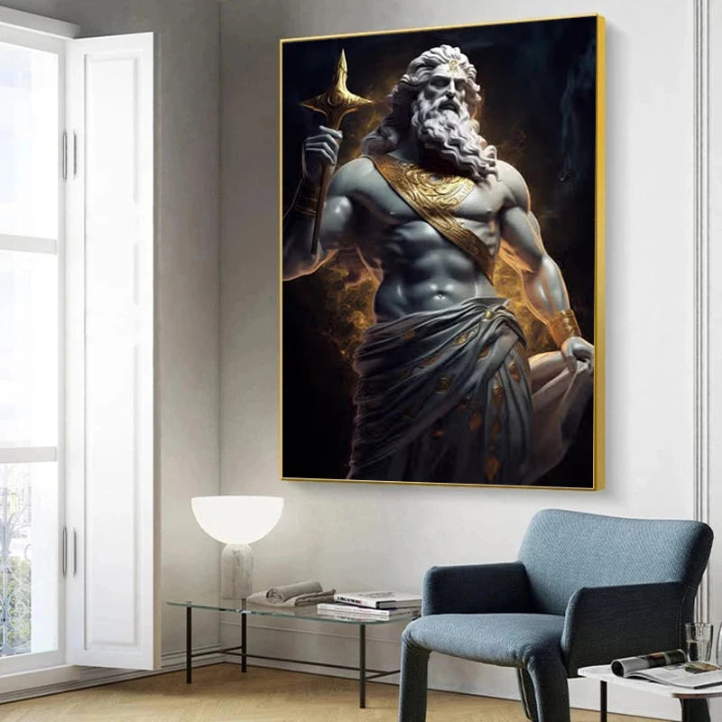 Zeus sculptuur poster zwart-wit op canvas met Griekse mythologie abstract design 3