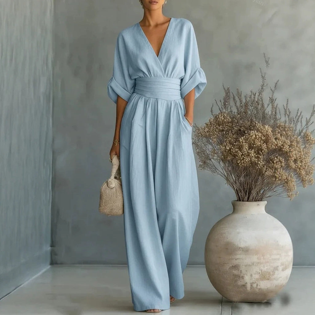 Zomerse jumpsuit met korte mouwen, casual, V-hals en wijde pijpen 0