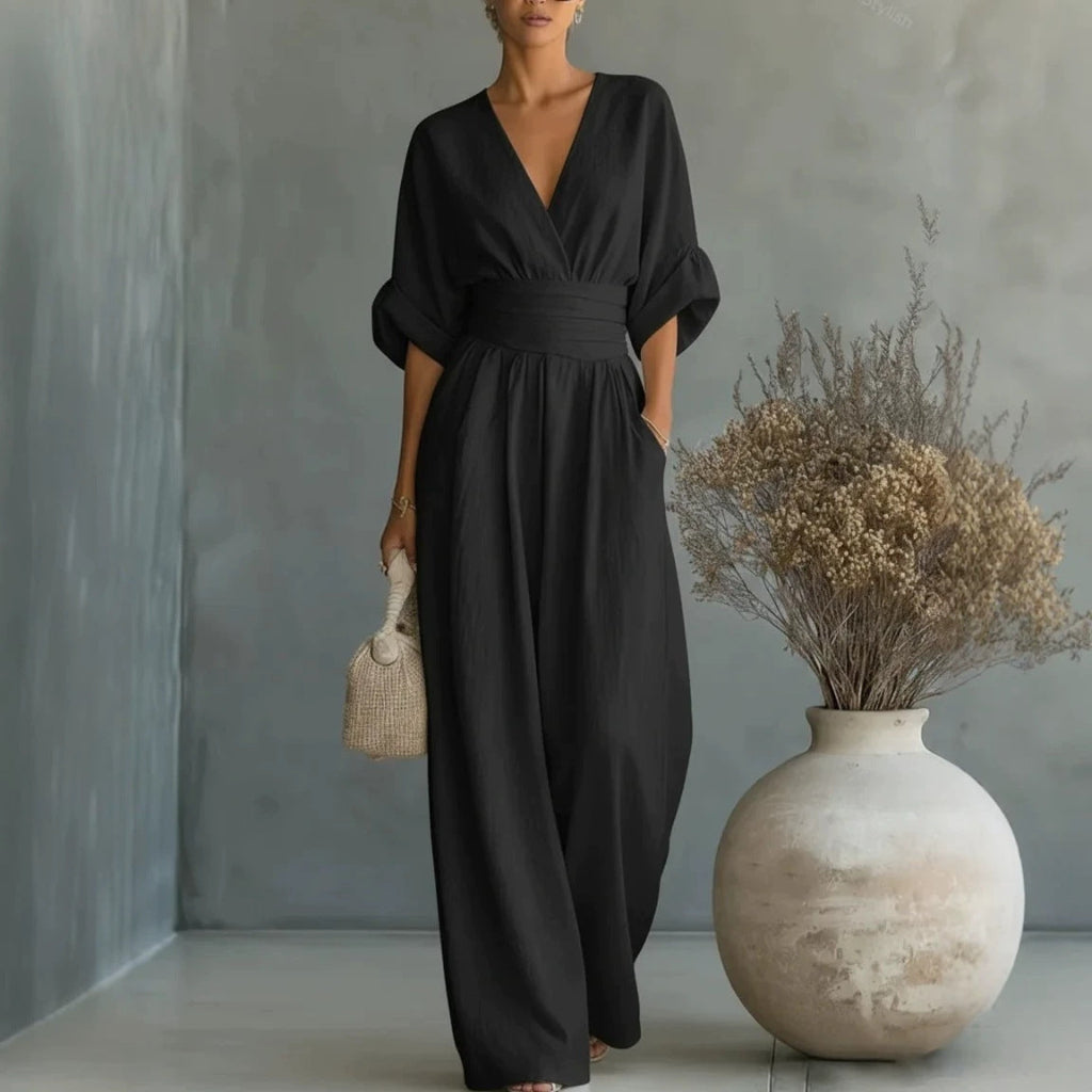 Zomerse jumpsuit met korte mouwen, casual, V-hals en wijde pijpen 1