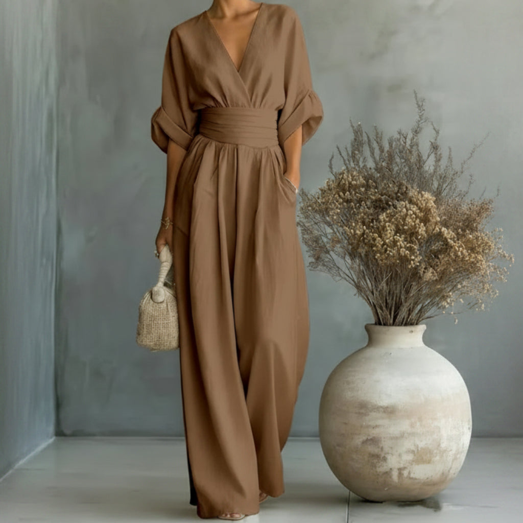 Zomerse jumpsuit met korte mouwen, casual, V-hals en wijde pijpen 2