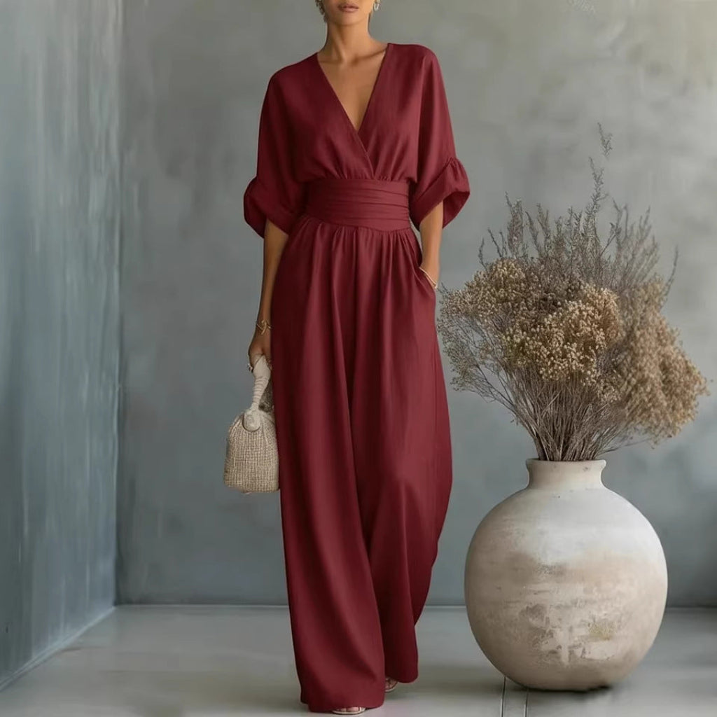 Zomerse jumpsuit met korte mouwen, casual, V-hals en wijde pijpen 3