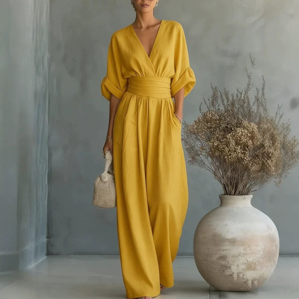 Zomerse jumpsuit met korte mouwen, casual, V-hals en wijde pijpen 4