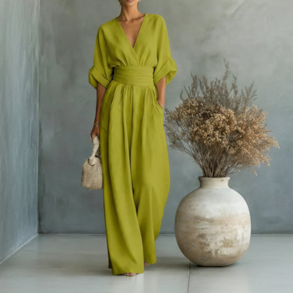 Zomerse jumpsuit met korte mouwen, casual, V-hals en wijde pijpen 5