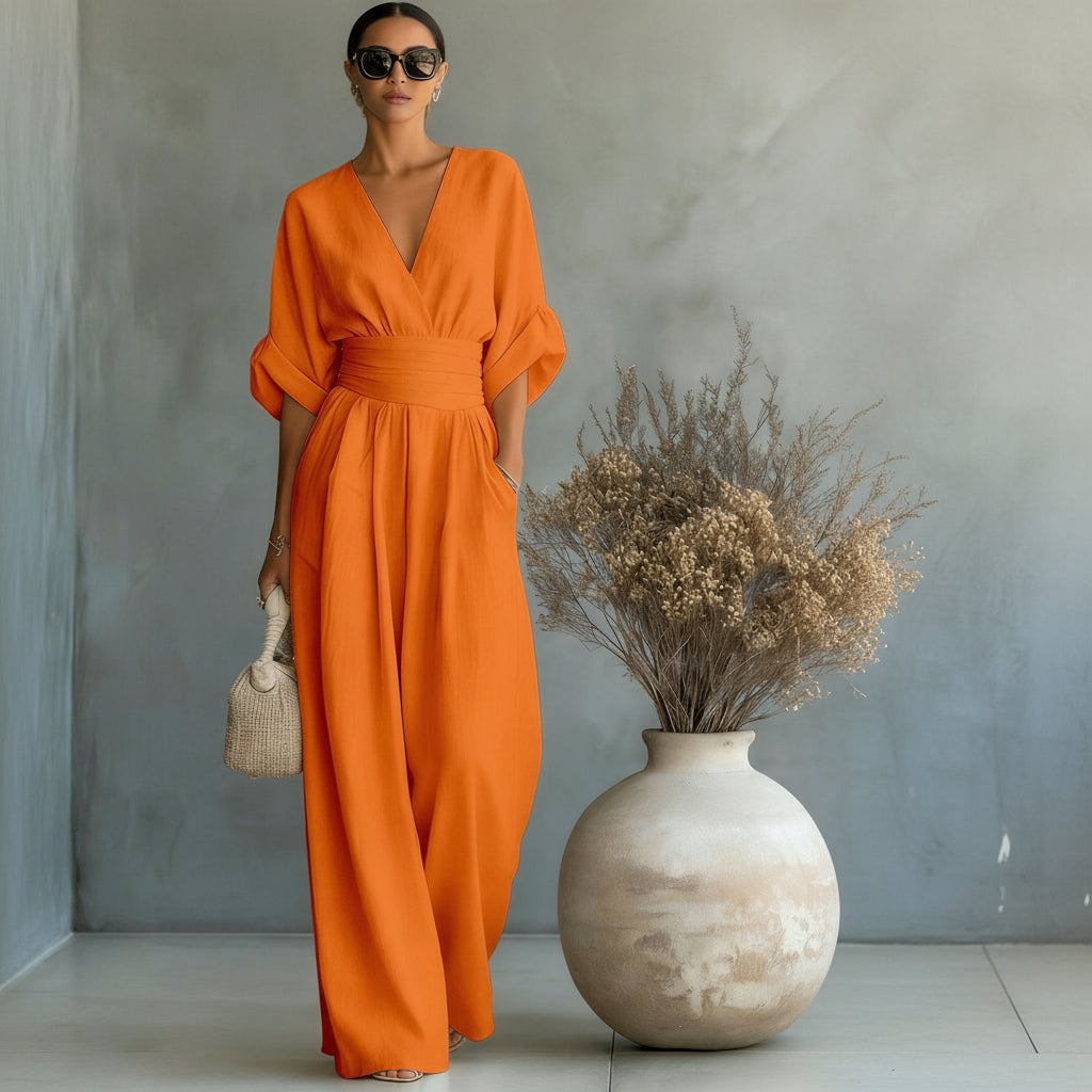 Zomerse jumpsuit met korte mouwen, casual, V-hals en wijde pijpen 7