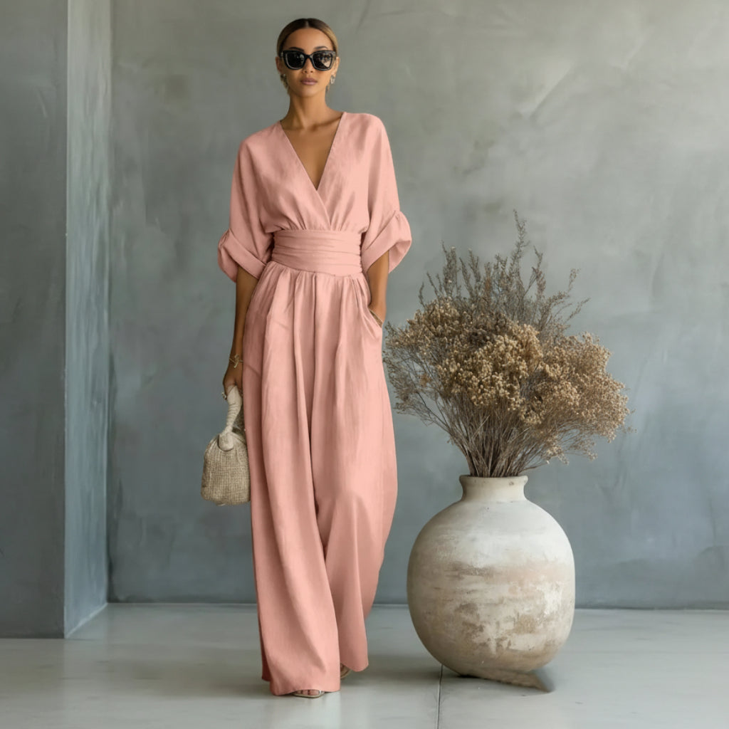 Zomerse jumpsuit met korte mouwen, casual, V-hals en wijde pijpen 8