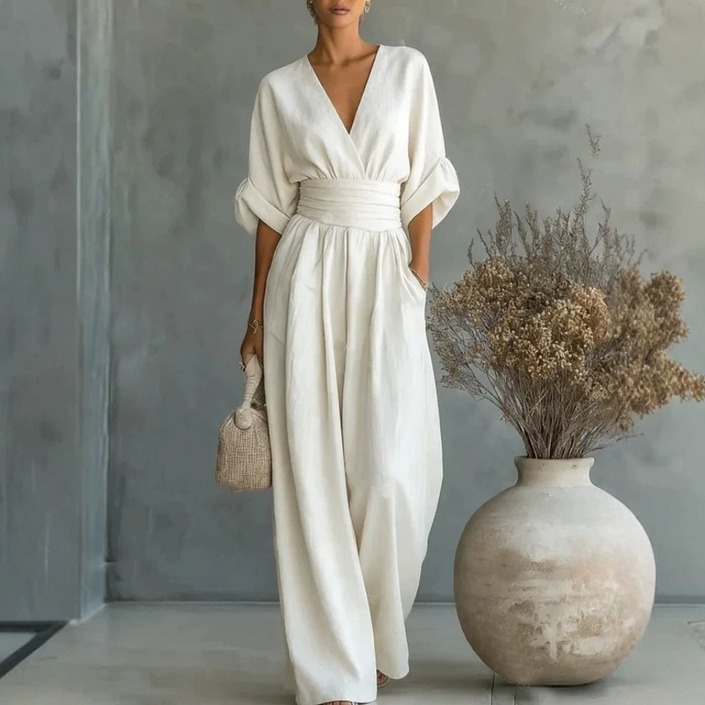 Zomerse jumpsuit met korte mouwen, casual, V-hals en wijde pijpen 9