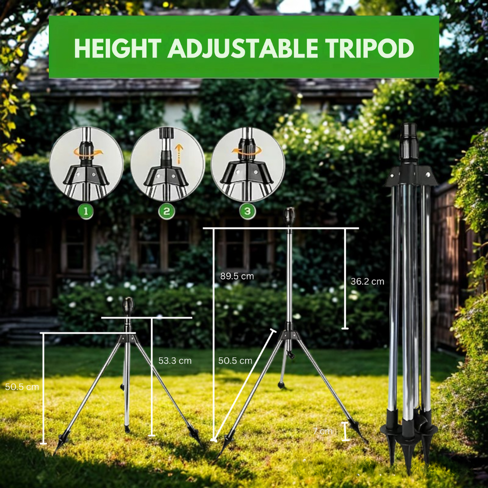 Florava Arroseur de jardin – Trépied en acier inoxydable pivotant à 360° pour pelouses