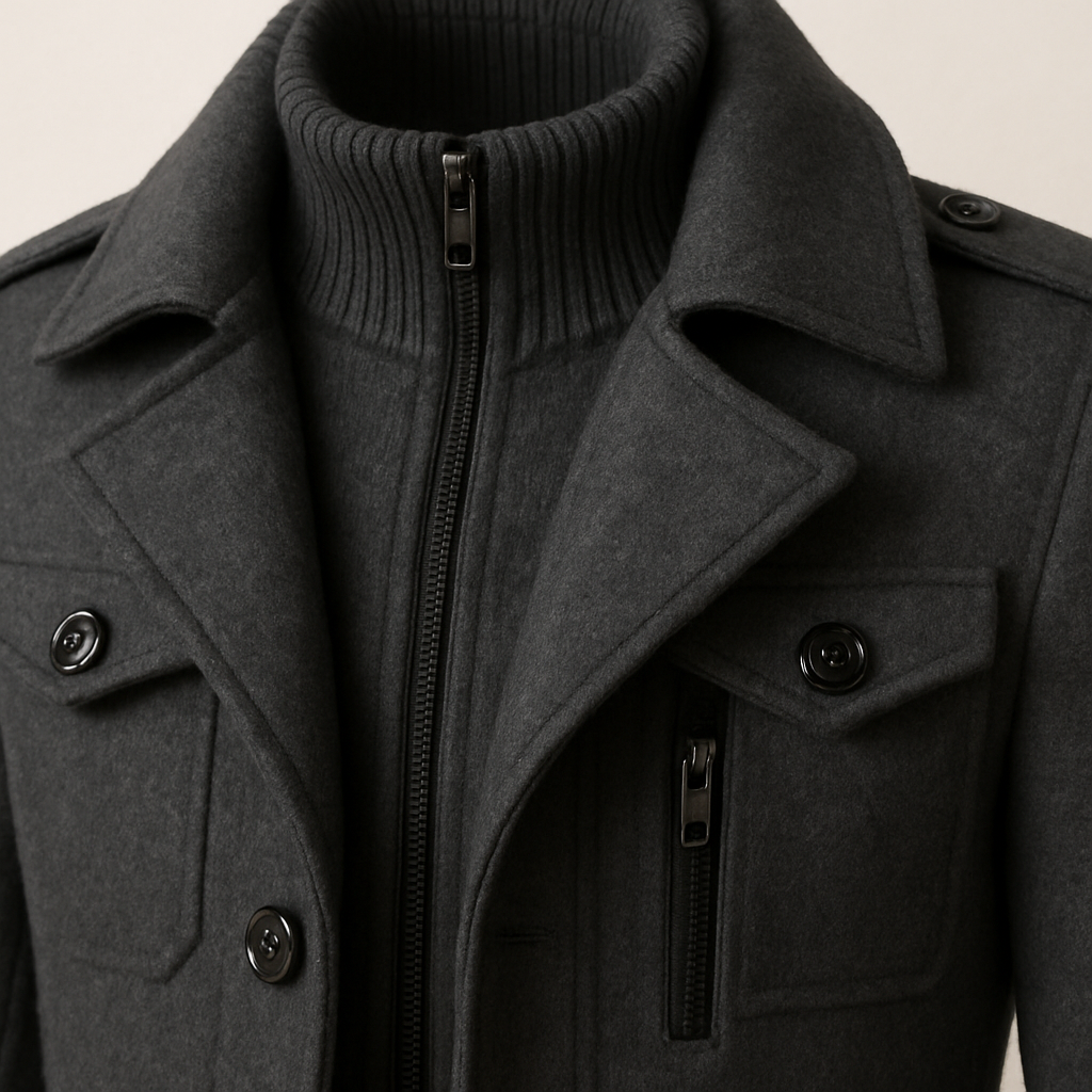 Abric llarg d'home de mescla de llana – jaqueta de doble fila i ajustada