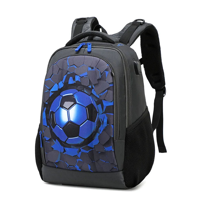 KickPack – Mochila para niños con carcasa dura, USB y diseño de fútbol