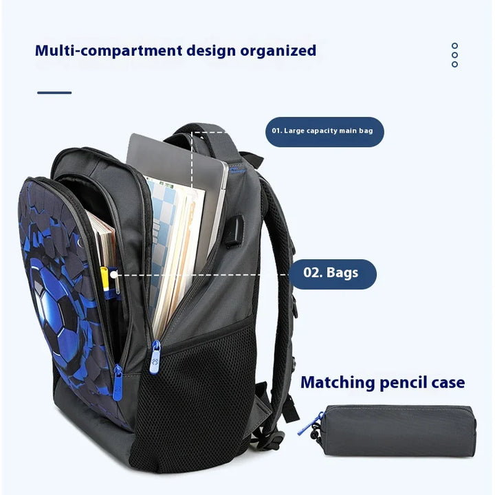 KickPack – Mochila para niños con carcasa dura, USB y diseño de fútbol