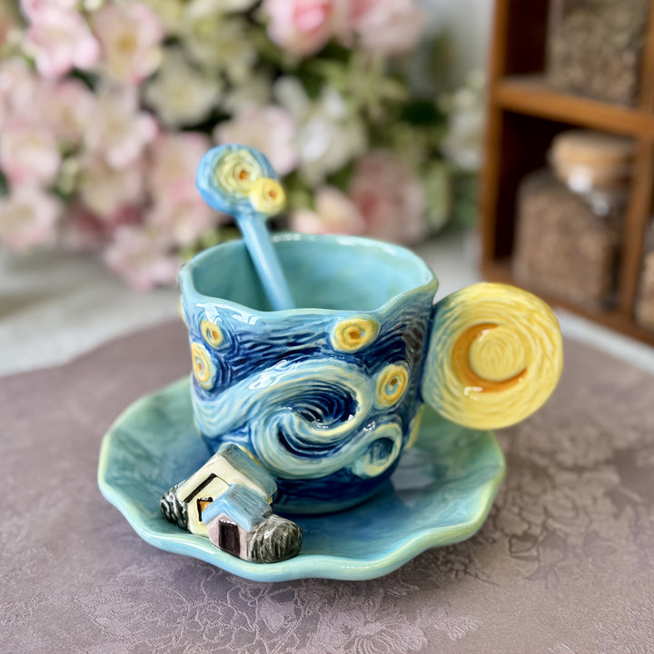 ArtSip Keramische Kop &amp; Schotel Set – Handgeschilderd 3D Design geïnspireerd op Van Gogh Vestragear