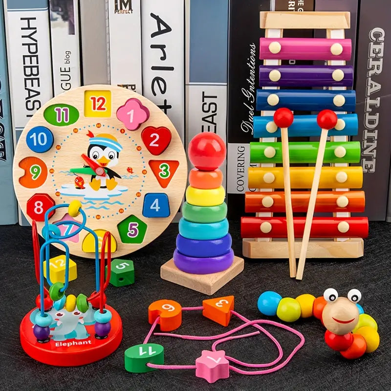 Ensemble de jeu en bois Montessori 5-en-1 – Motricité & Musique dès 6 mois