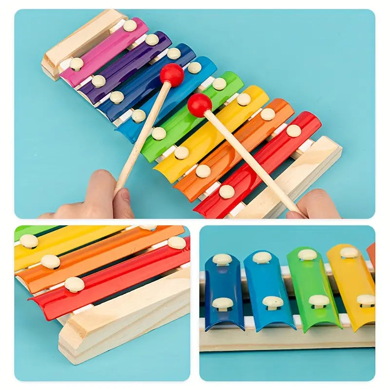 Ensemble de jeu en bois Montessori 5-en-1 – Motricité & Musique dès 6 mois