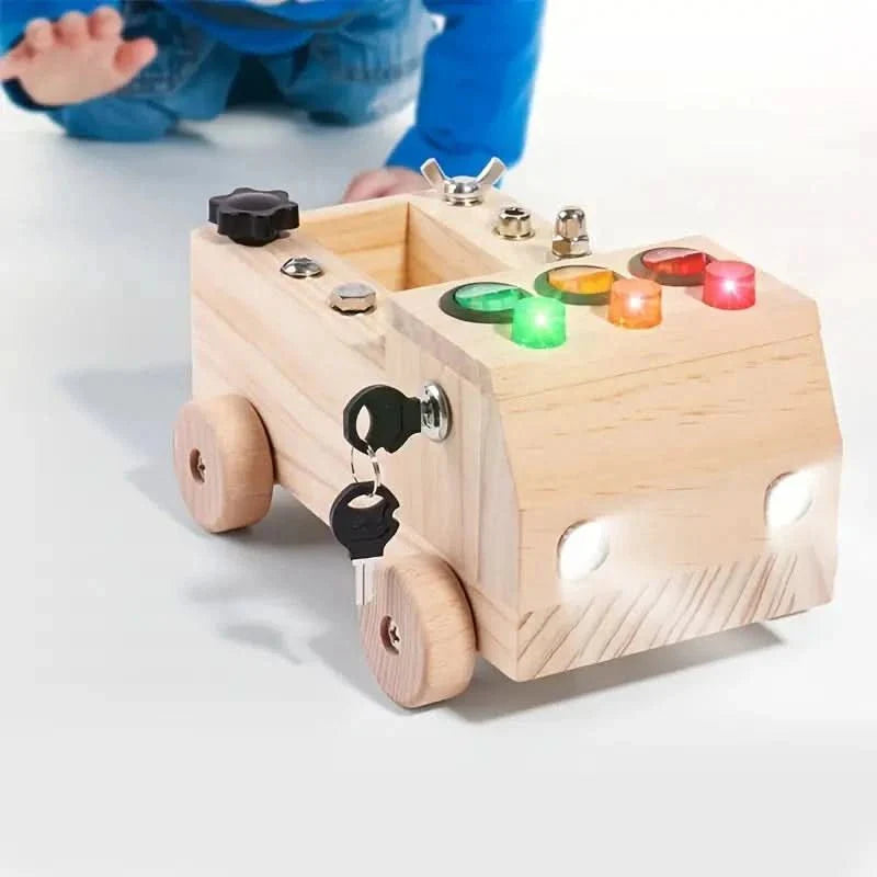 Tauler Montessori – Tauler d'activitats interactiu de fusta amb LEDs i panys
