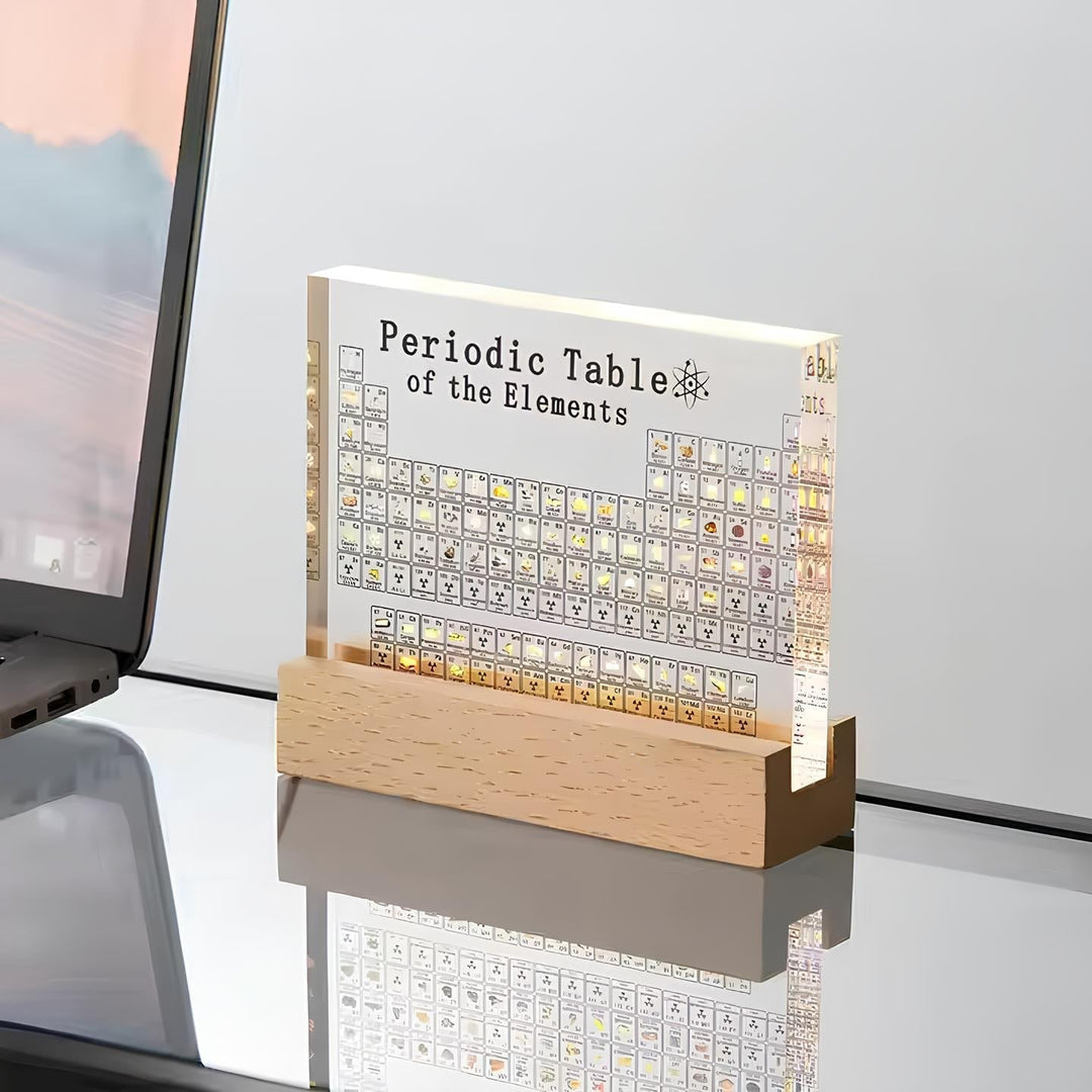 Elementa Verlichte Periodieke Tabel – Acryl display met houten voet &amp; 83 echte elementen