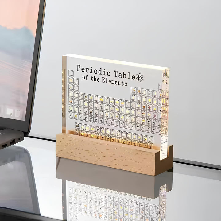 Elementa Verlichte Periodieke Tabel – Acryl display met houten voet &amp; 83 echte elementen