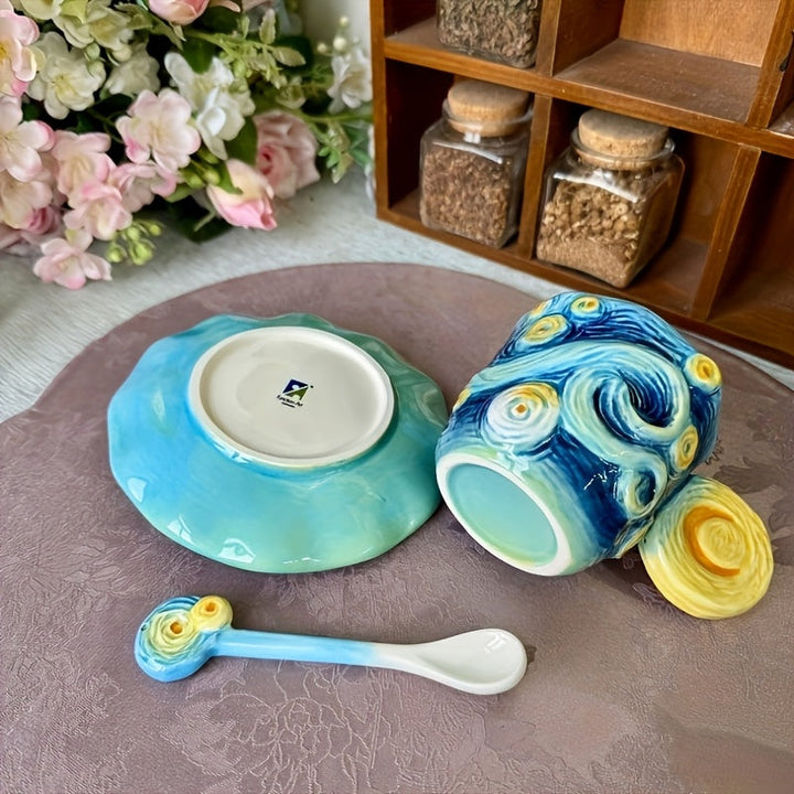 ArtSip Keramische Kop &amp; Schotel Set – Handgeschilderd 3D Design geïnspireerd op Van Gogh Vestragear