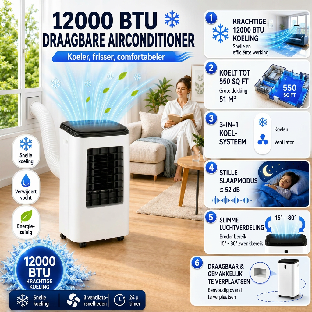 Mobiele Airconditioner – 12000 BTU voor koelen, ventileren en ontvochtigen Vestragear