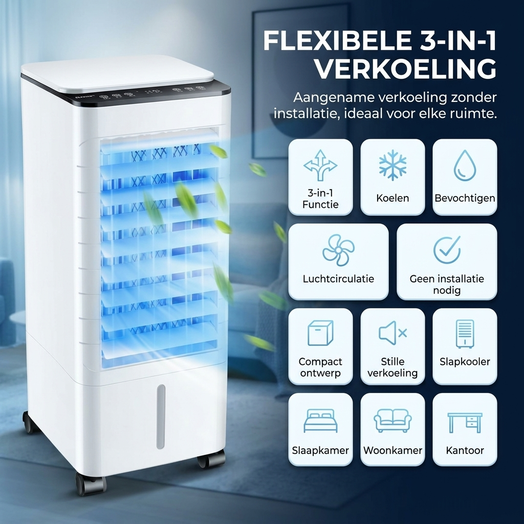 Compacte 3-In-1 Aircooler - Verkoeling, Bevochtiging en Koude Luchtcirculatie zonder installatie Vestragear