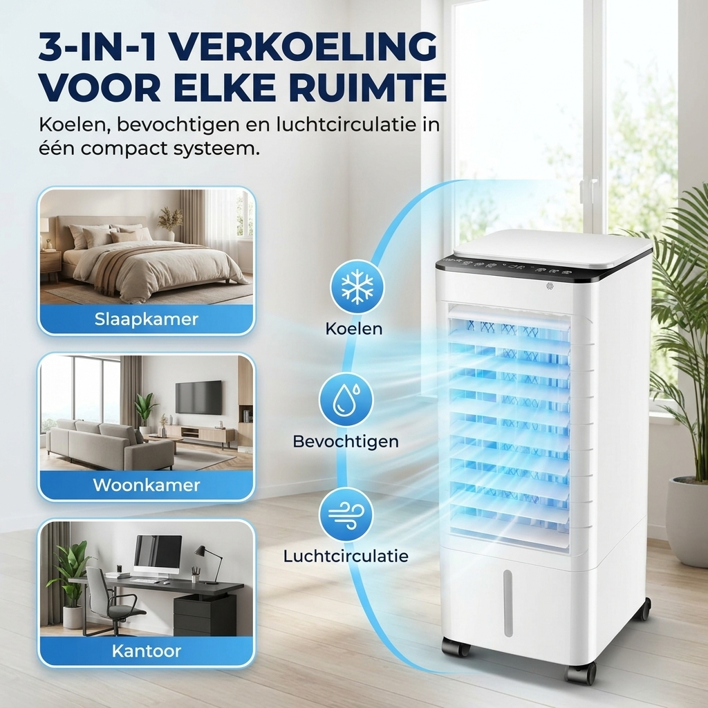 Compacte 3-In-1 Aircooler - Verkoeling, Bevochtiging en Koude Luchtcirculatie zonder installatie Vestragear