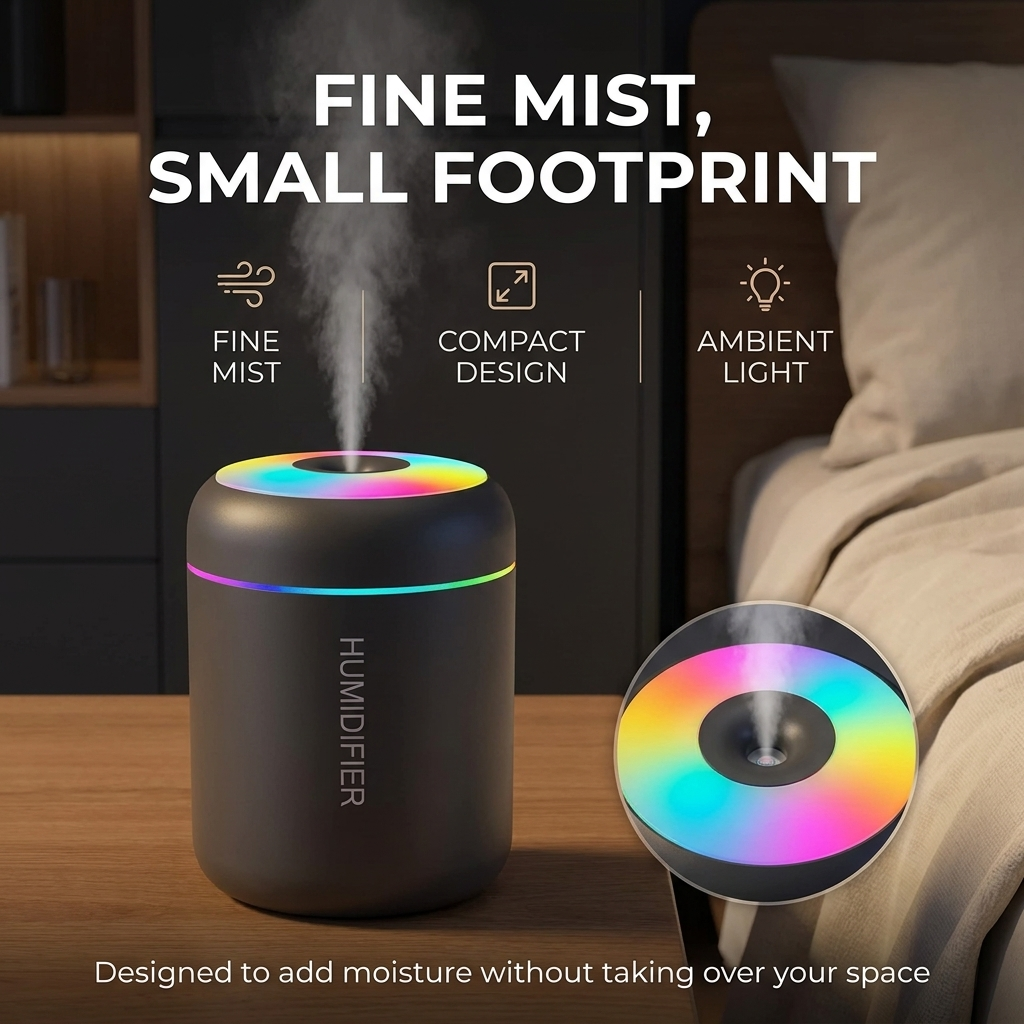 Mini luchtbevochtiger 180 ml – USB, geurfunctie en sfeerlicht VestraGear