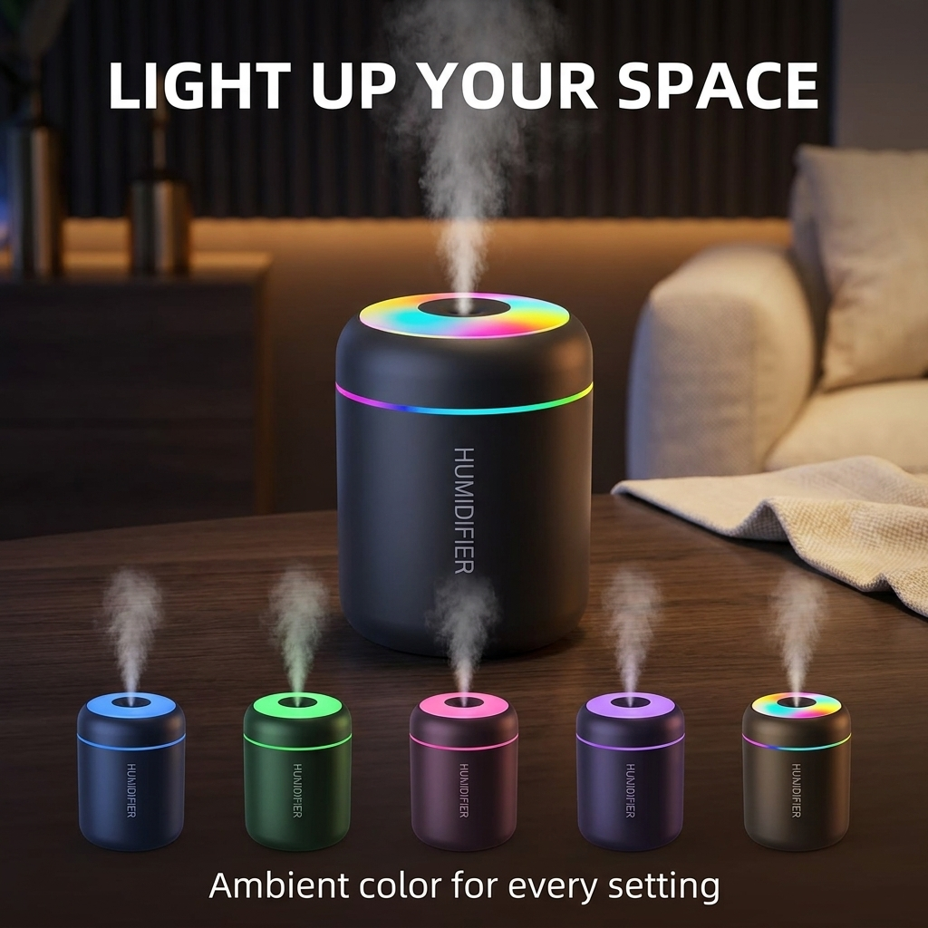 Mini luchtbevochtiger 180 ml – USB, geurfunctie en sfeerlicht VestraGear
