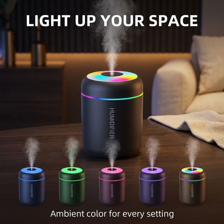Mini luchtbevochtiger 180 ml – USB, geurfunctie en sfeerlicht VestraGear