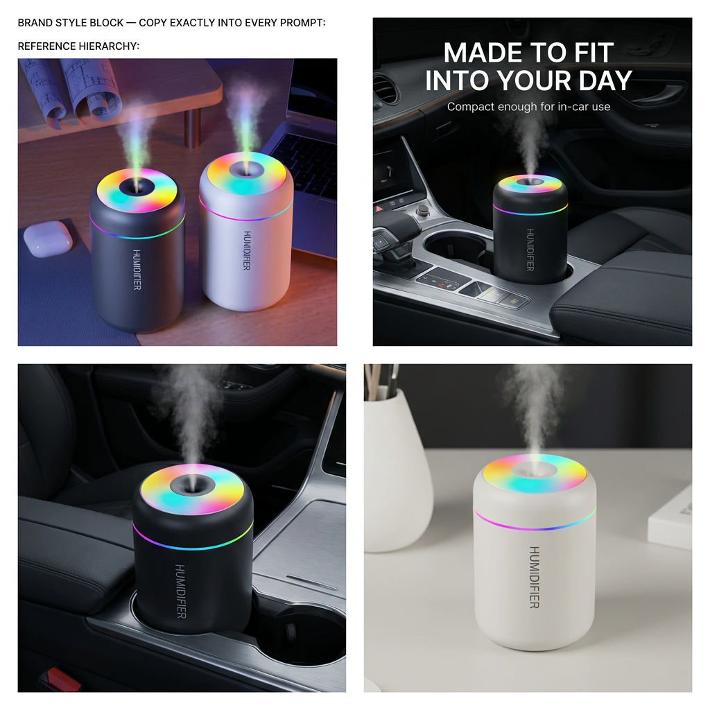 Mini luchtbevochtiger 180 ml – USB, geurfunctie en sfeerlicht VestraGear