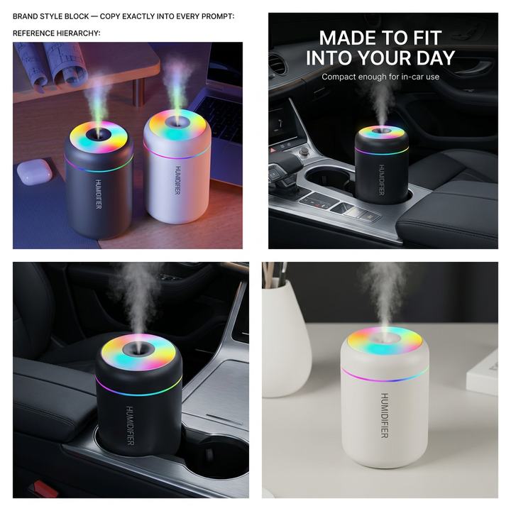 Mini luchtbevochtiger 180 ml – USB, geurfunctie en sfeerlicht VestraGear